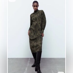 Zara Olive Jacquard High-Neck Midi Dress Size M Office Look